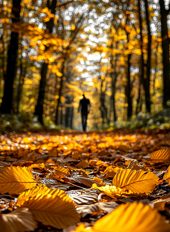 man walking path in forrest, observing